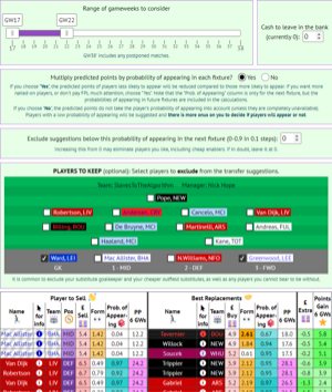 FPL Transfer Suggestor screenshot